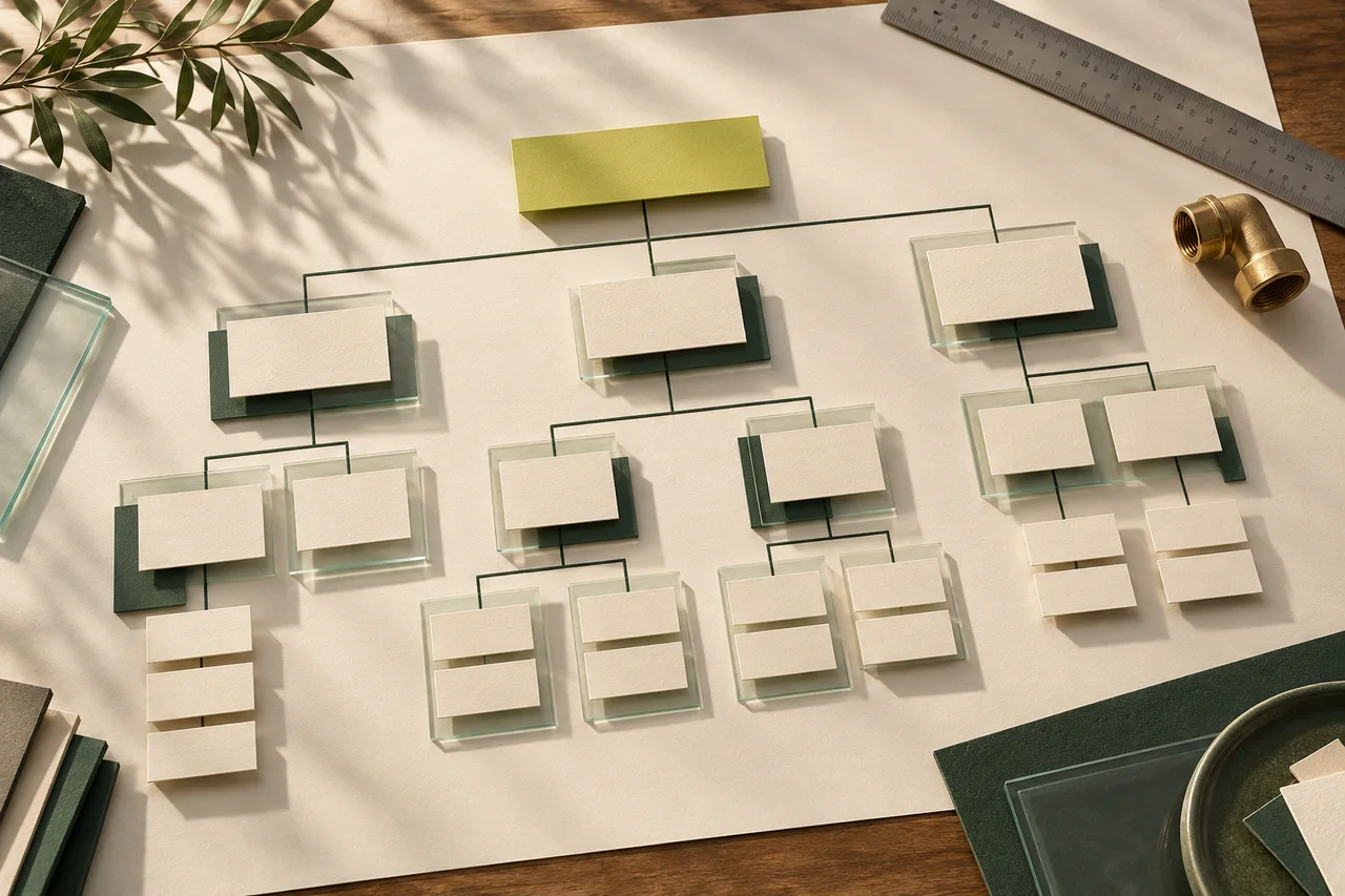 Concept illustration of a physical website structure made from paper and glass